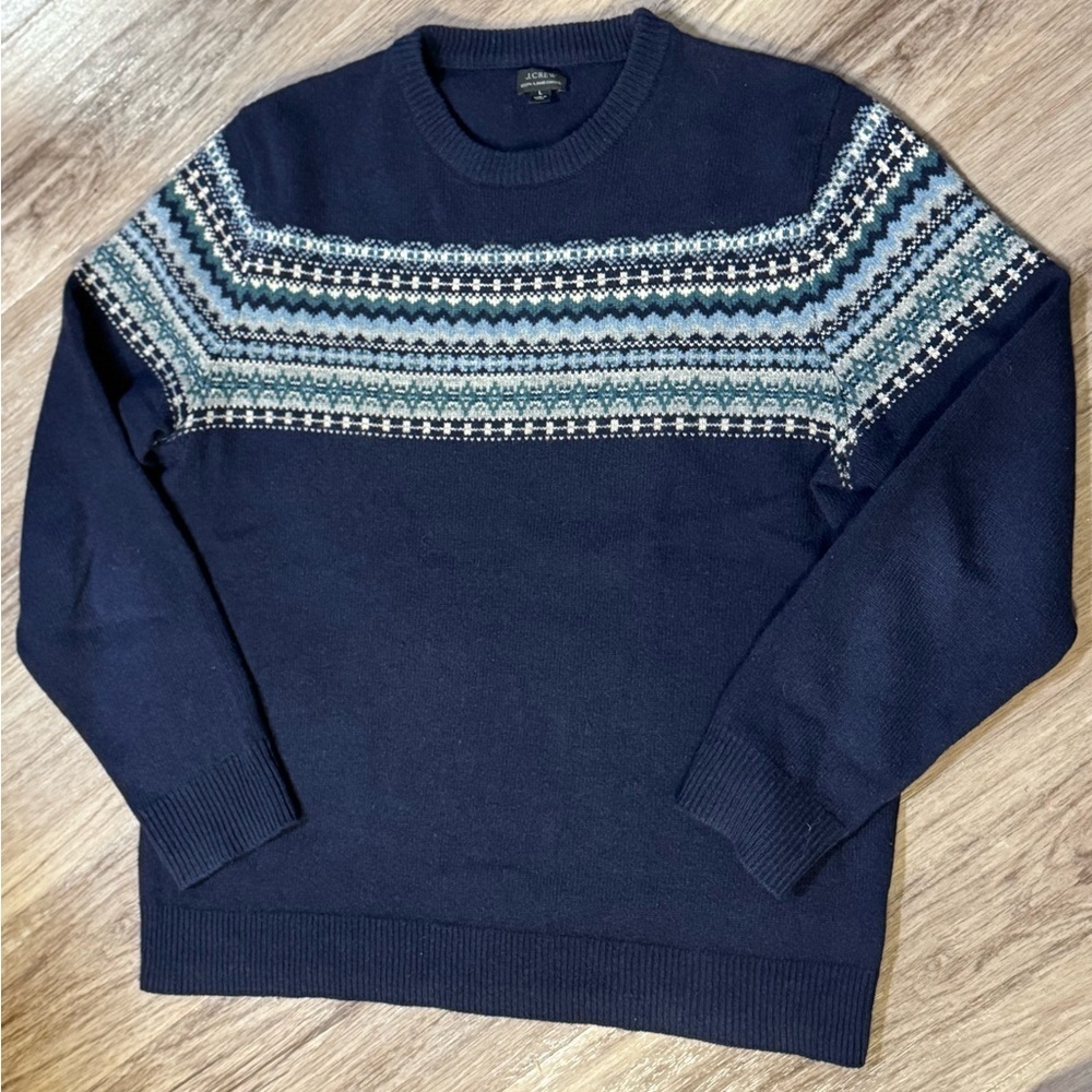 Men's L Navy Blue J. Crew 100% Lamb-swool Nordic Scandinavian Pattern Sweater - Picture 2 of 9